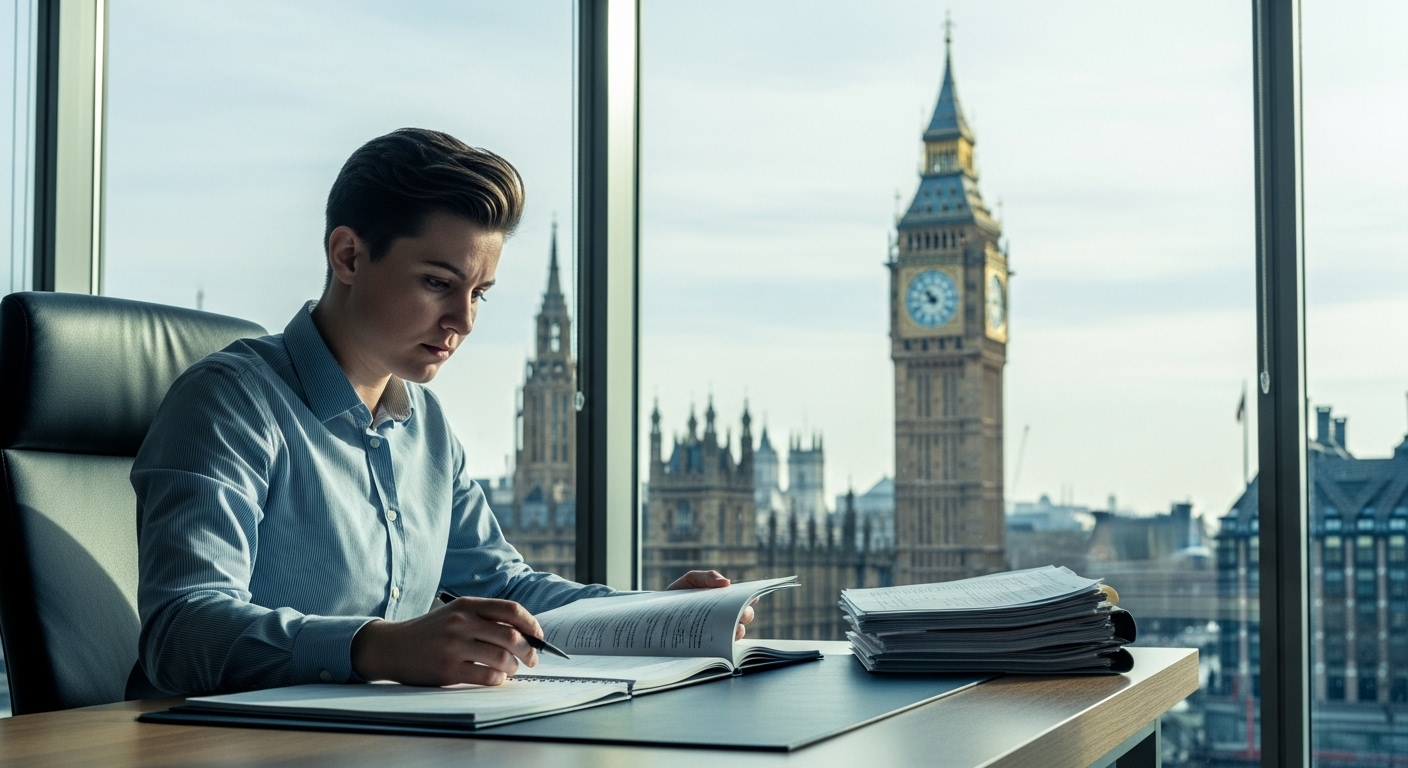 A professional expat sitting in a modern London office looking at a calendar and tax documents with the Big Ben visible through the window in a cinematic style.