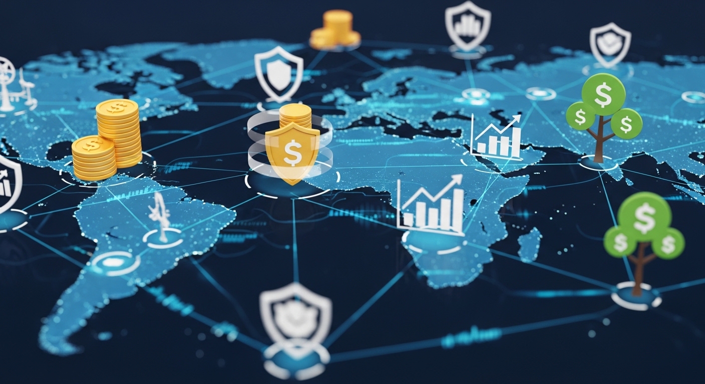 A digital visualization of a global financial network with icons representing various tax-efficient investment vehicles like gold coins, shields, and growth charts.
