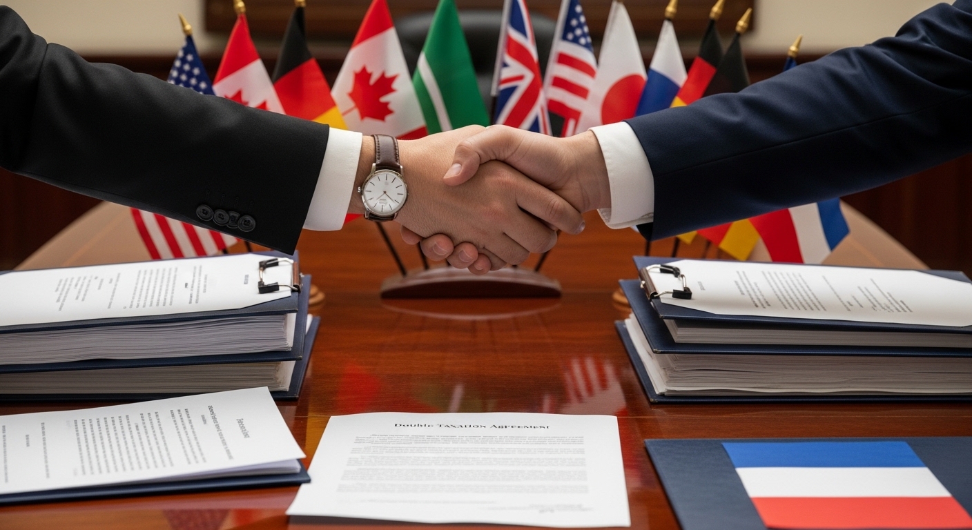 Two hands shaking across a table covered with international flags and legal documents, symbolizing a successful tax treaty agreement.