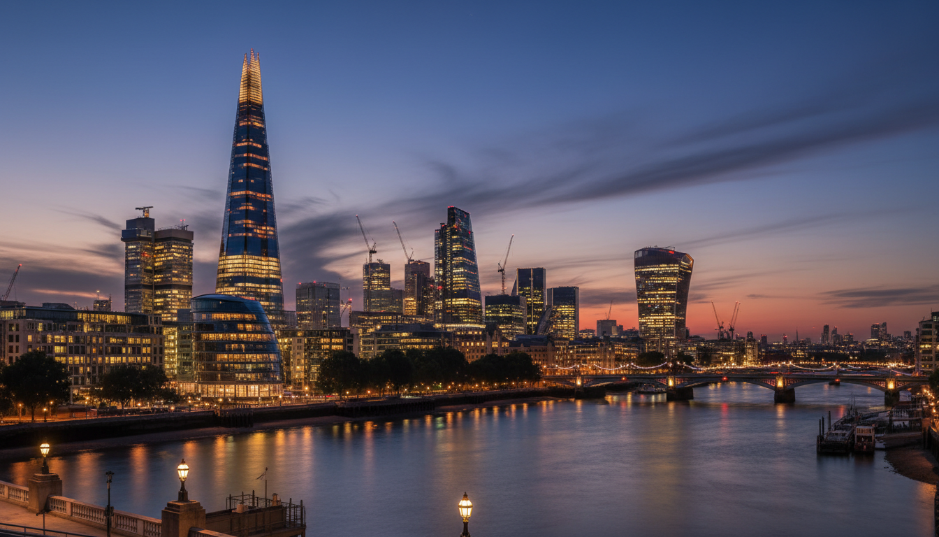 A professional wide-angle shot of the London skyline at dusk, capturing the Shard and the City’s financial district with the River Thames in the foreground, highlighting architectural grandeur.
