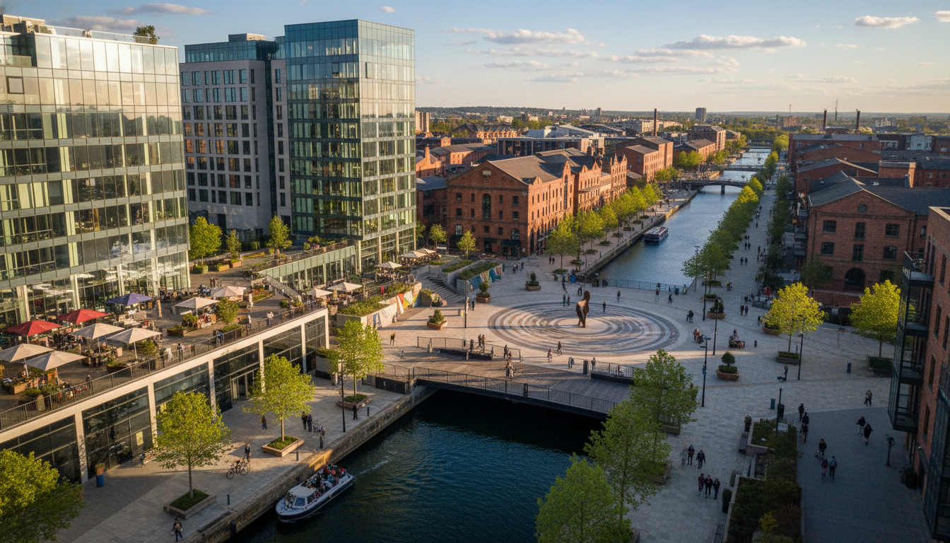 An aerial view of a regenerated Manchester dockyard featuring modern glass apartments, vibrant public spaces, and people walking along the canal during a sunny afternoon.