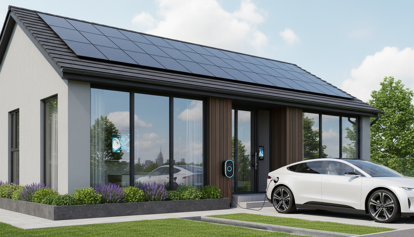 A modern, energy-efficient British townhouse with solar panels, a sleek EV charging point, and large windows, reflecting a sustainable and tech-forward lifestyle.