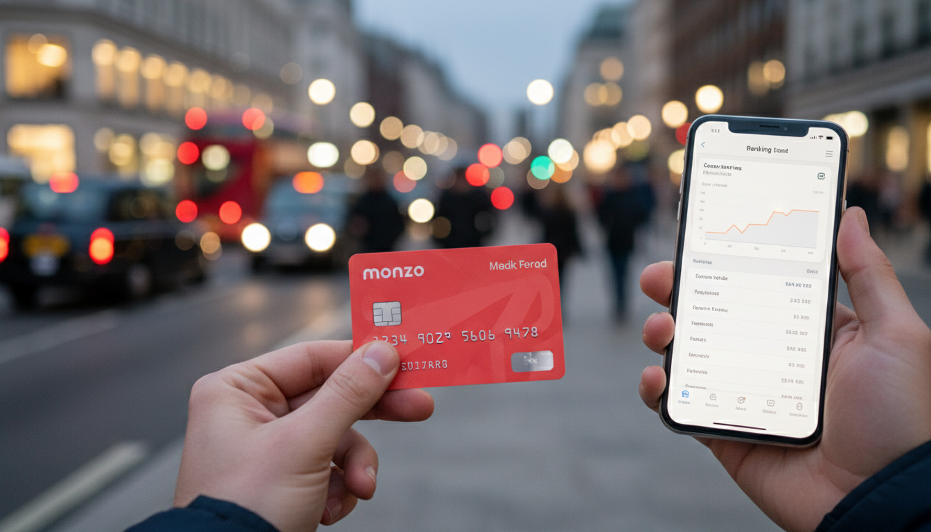 A high-resolution close-up of a person's hands holding a vibrant coral Monzo card and a smartphone with a banking app open, set against a blurred background of a busy London street.