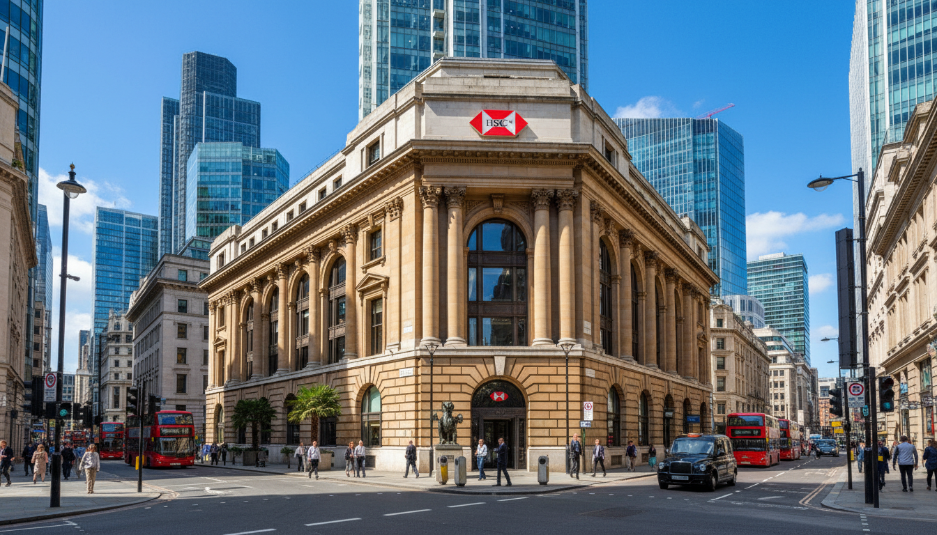 An architectural shot of a grand, classic stone bank building with the HSBC logo on a busy corner in Canary Wharf, London, under a clear blue sky.