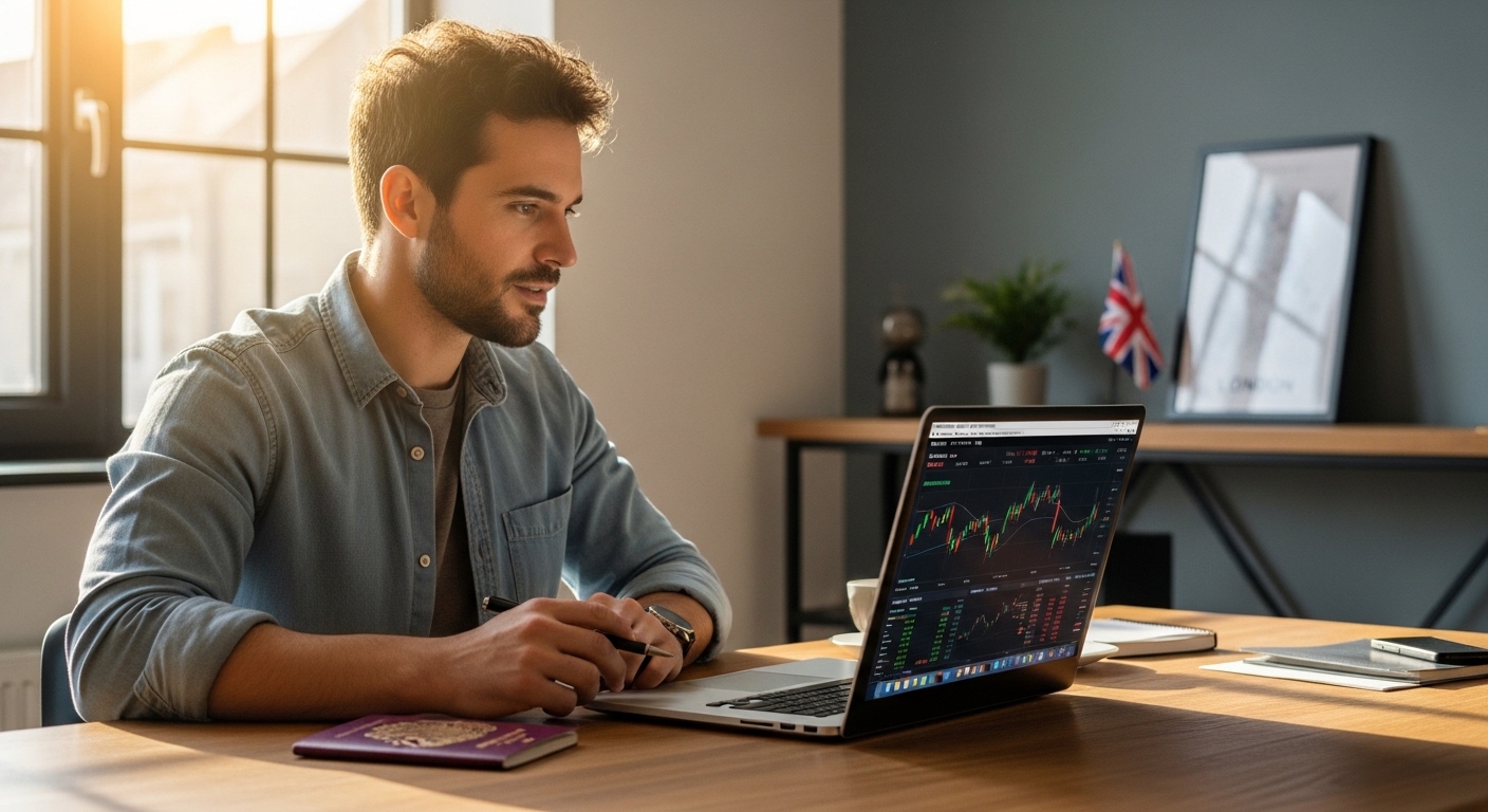 A professional expat sitting in a sunlit home office in London, looking at a laptop screen displaying various currency exchange charts and a British passport on the desk.