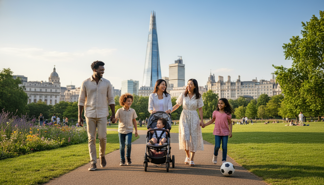 A diverse family of expats walking through a sunny London park with the Shard in the background, looking relaxed and healthy.