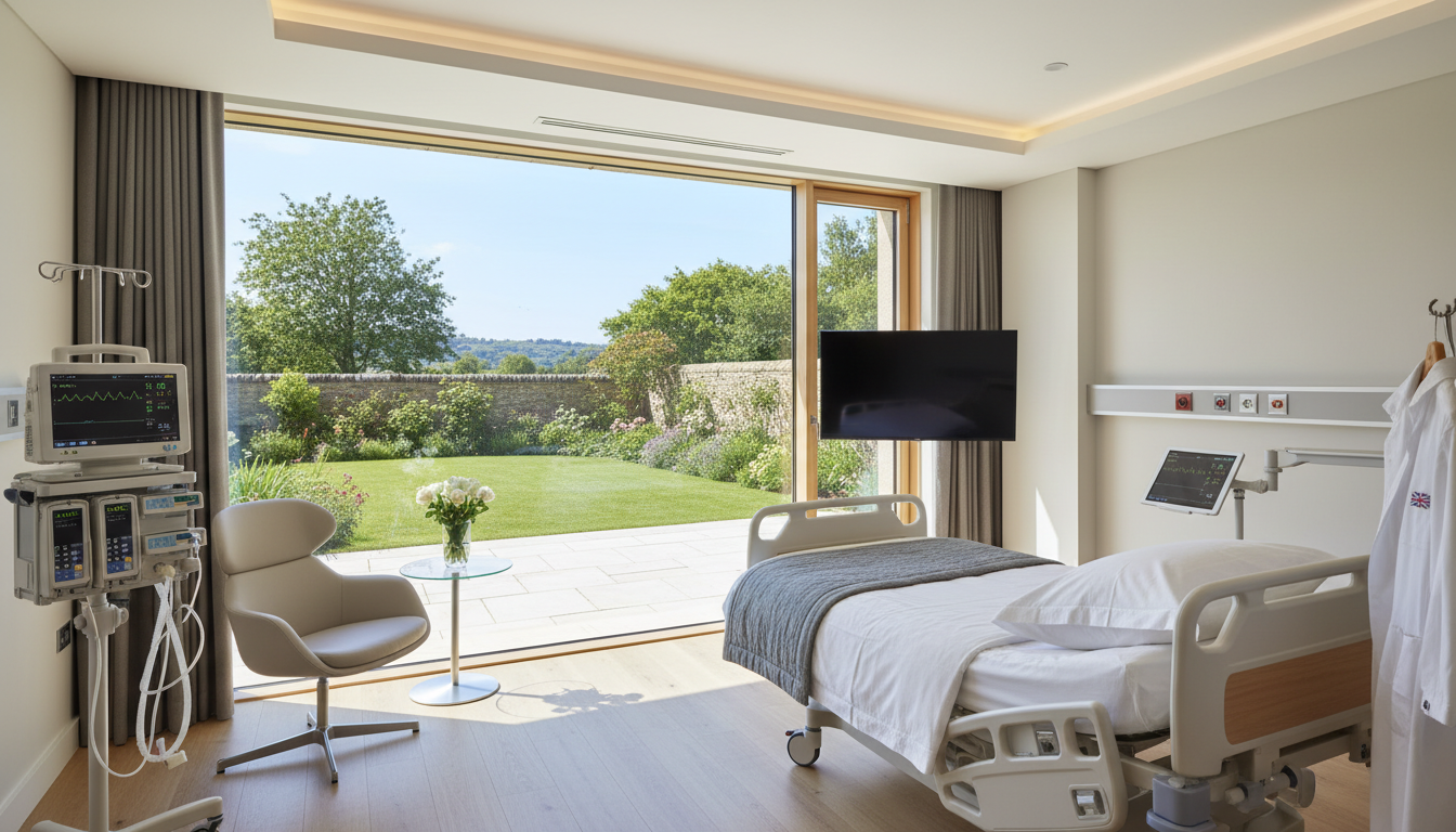 A modern, clean private hospital room in the UK with a view of a lush green garden through a large window, high-end medical equipment nearby.