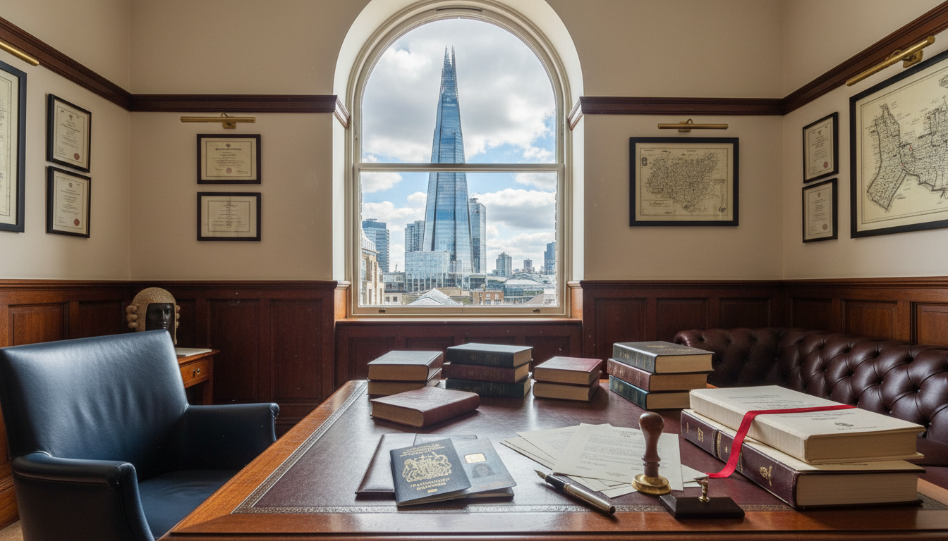 A professional legal office setting in London with the Shard visible through the window, featuring a wooden desk with a UK passport and official legal documents.
