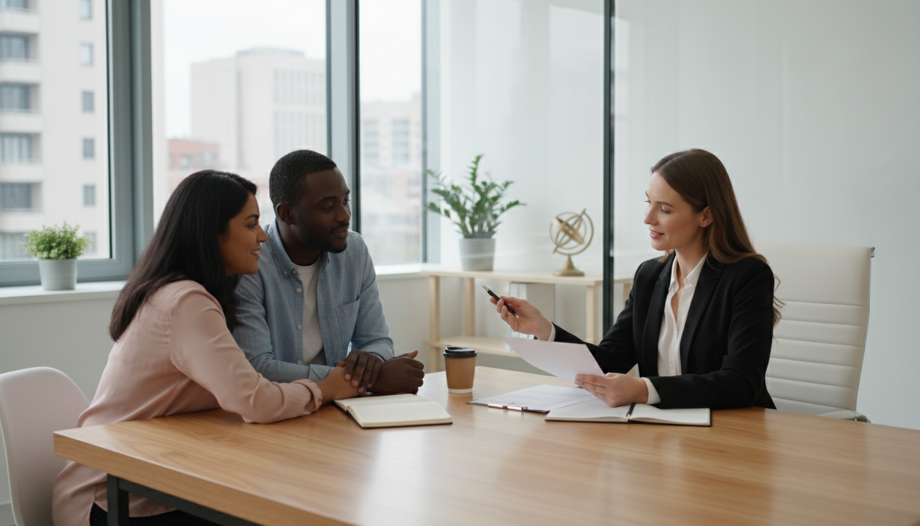 A diverse couple sitting across from a female immigration lawyer who is explaining a document with a reassuring smile in a bright modern office.