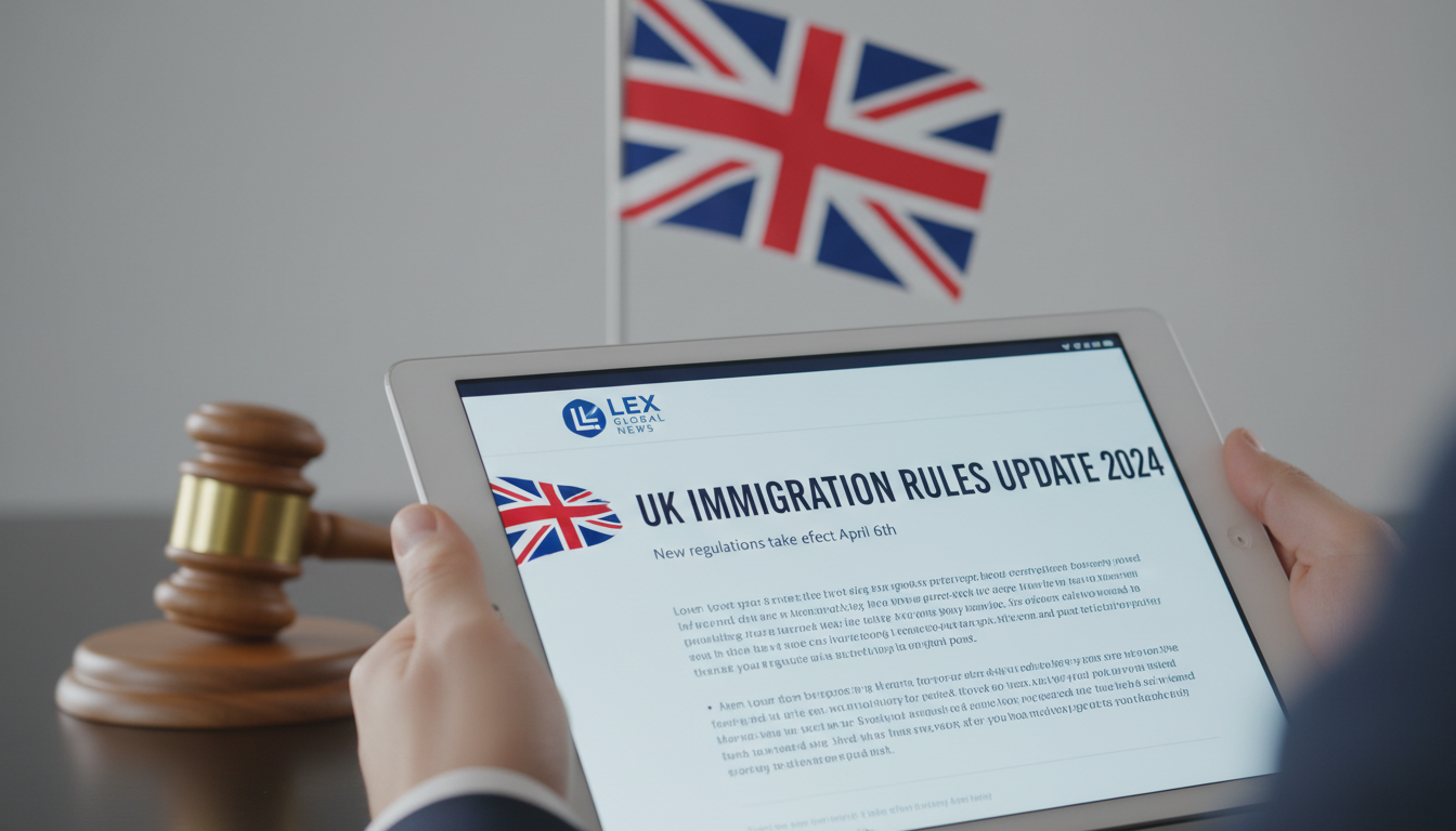 A close-up of a digital tablet showing a legal website with the headline UK Immigration Rules Update 2024, with a gavel and a British flag in the blurred background.