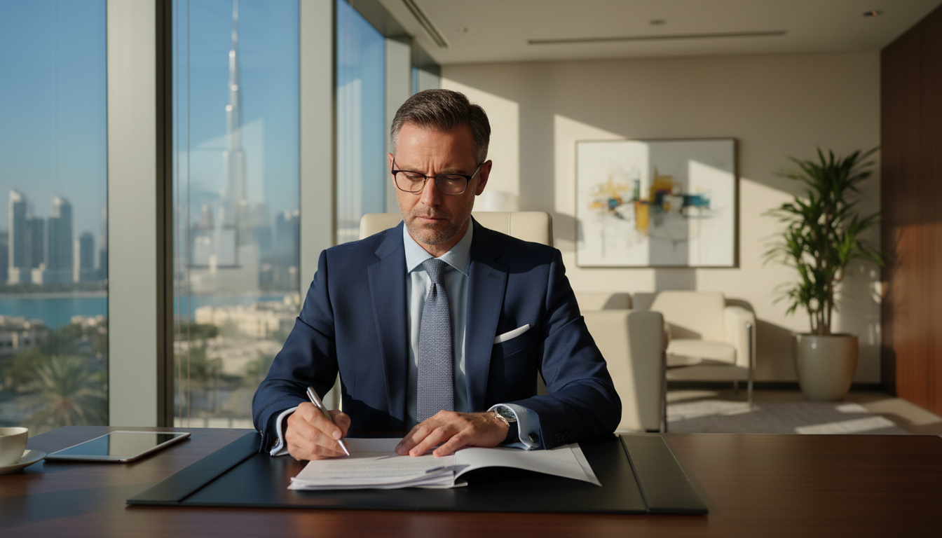 A professional British expatriate sitting in a modern high-rise office in a sunny foreign city, looking at legal documents with a blurred cityscape of Dubai or Singapore in the background, cinematic lighting, 8k resolution.