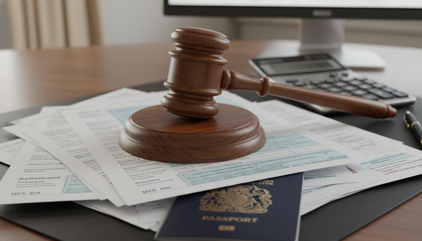 A close-up of a wooden gavel resting on a stack of international tax forms and a British passport, soft focus on a calculator in the background, professional business setting, high detail.