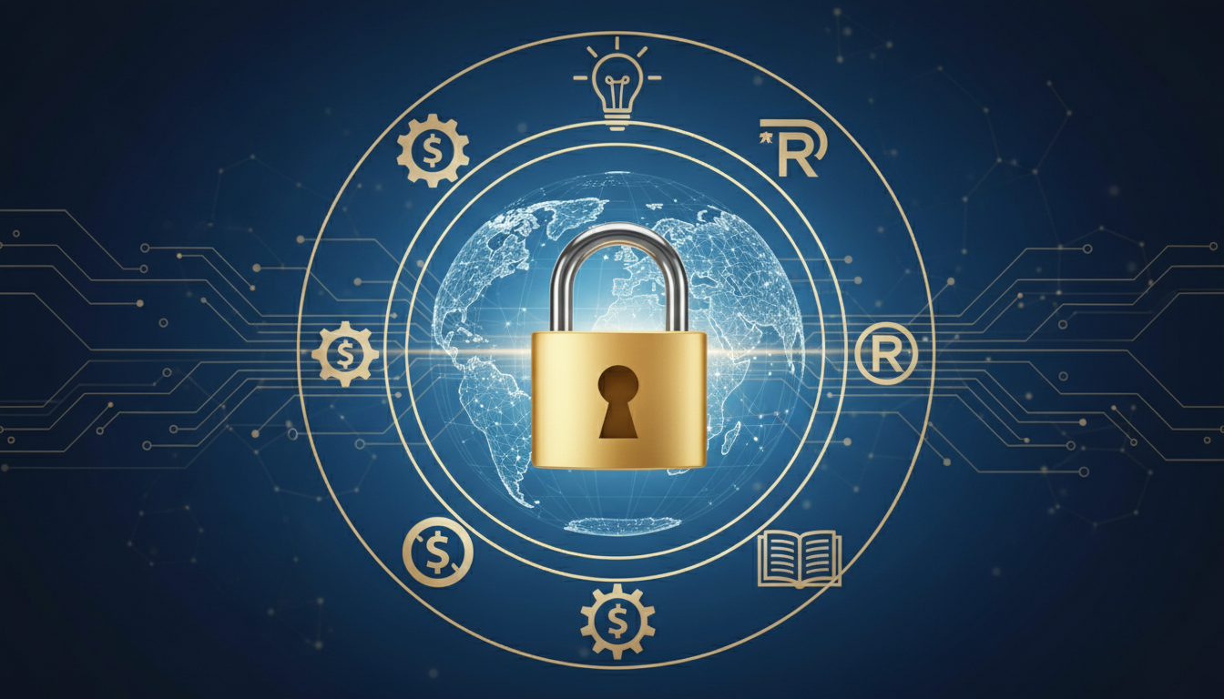A digital conceptual illustration showing a golden padlock securing a global map, with icons representing trademarks and patents floating around it, sleek corporate aesthetic, navy blue and gold color palette.