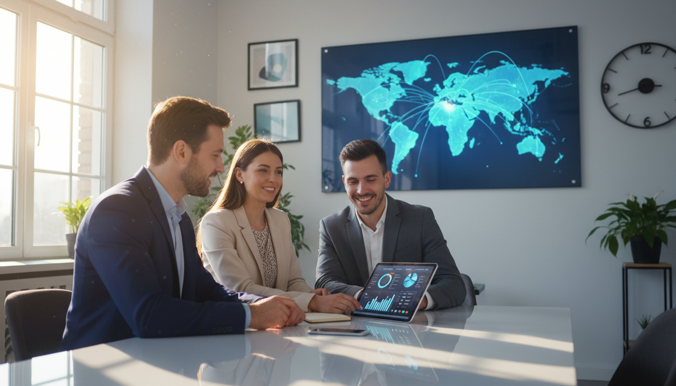 A professional financial advisor in a sunlit office discussing a portfolio with a couple, with a digital map of the world glowing in the background.