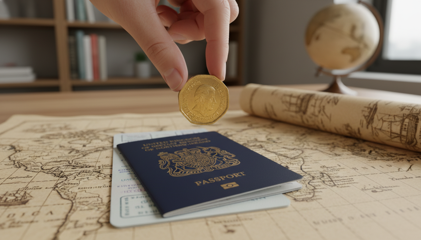 A close-up of a hand holding a gold British pound coin over a passport and a world map, symbolizing the security of international retirement.