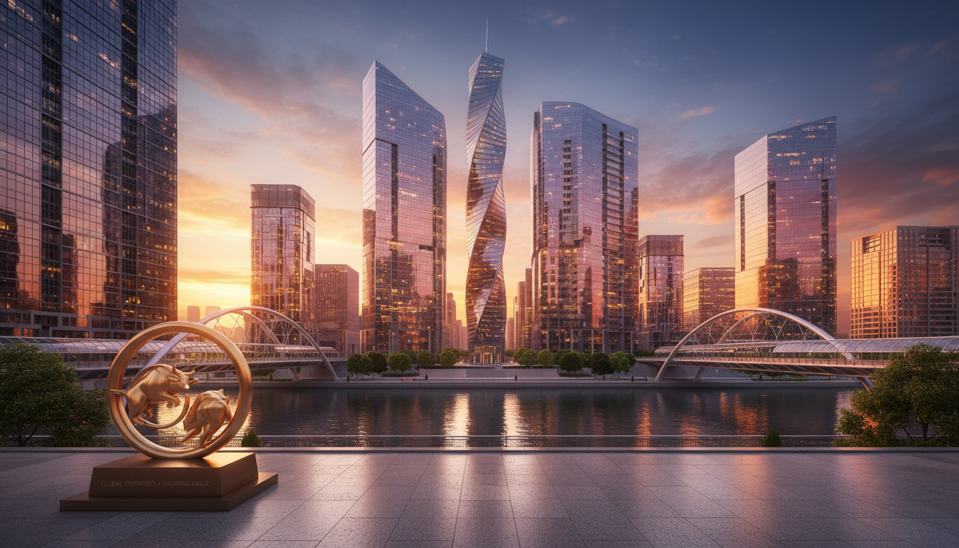 An architectural shot of a modern financial district with glass buildings reflecting the sunset, representing stability and growth for international investors.