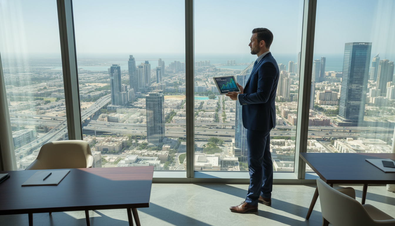 A professional UK expat looking out of a high-rise window in a sunny international city like Dubai or Singapore, holding a tablet showing financial growth charts, high-end corporate aesthetic.