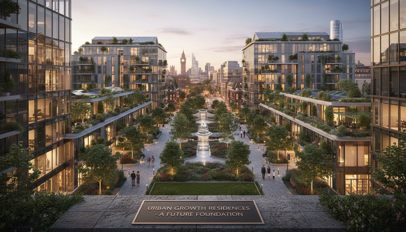 A high-quality photograph of a modern residential development in a vibrant UK city, featuring glass facades and green spaces, symbolizing a solid real estate investment.