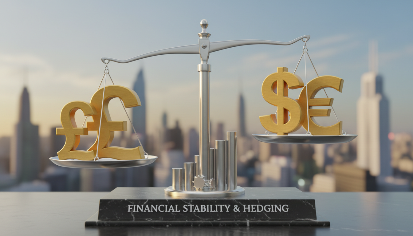 A conceptual 3D render of various gold-plated currency symbols including the Pound, Dollar, and Euro, balanced on a silver scale to represent financial stability and hedging.