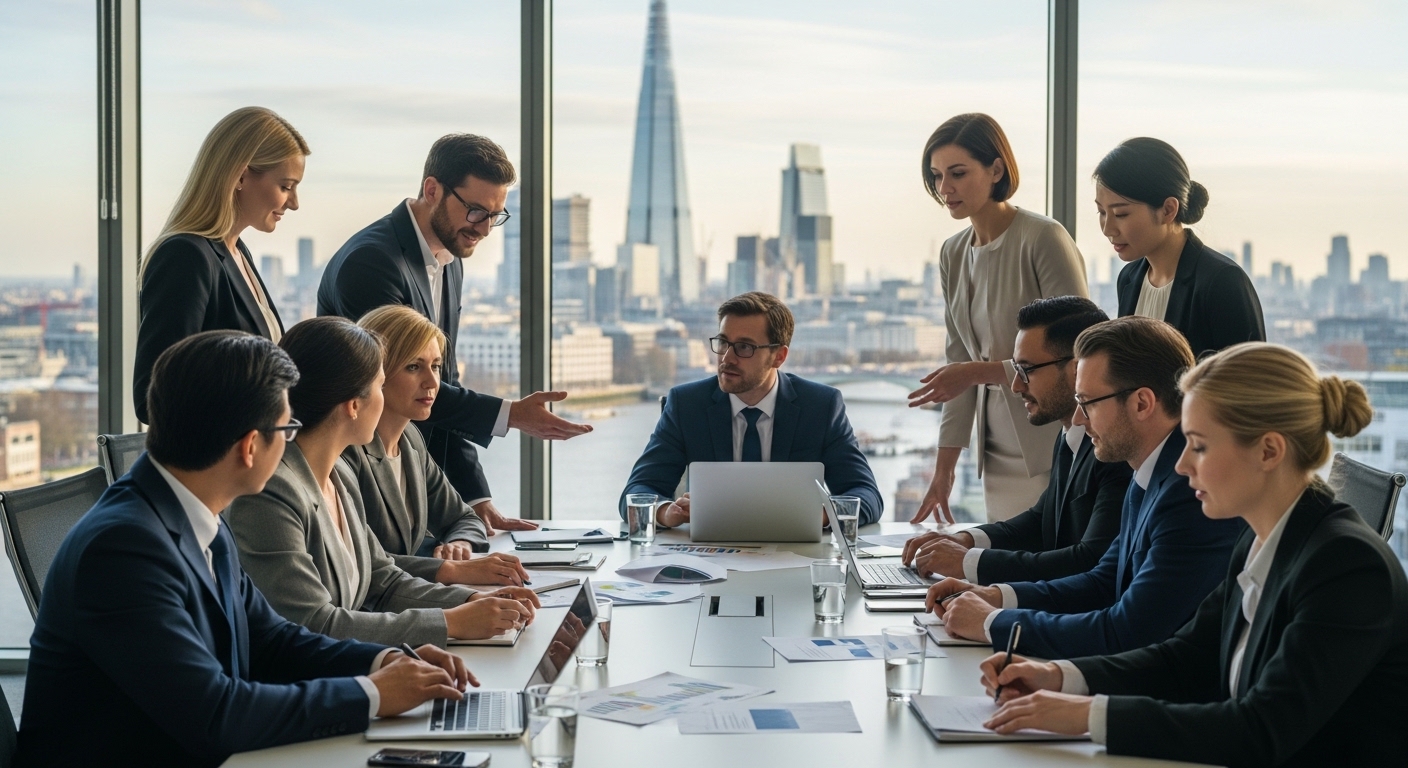 A diverse group of professional entrepreneurs in a modern glass-walled boardroom in London, overlooking the Thames river, engaged in a strategic meeting.