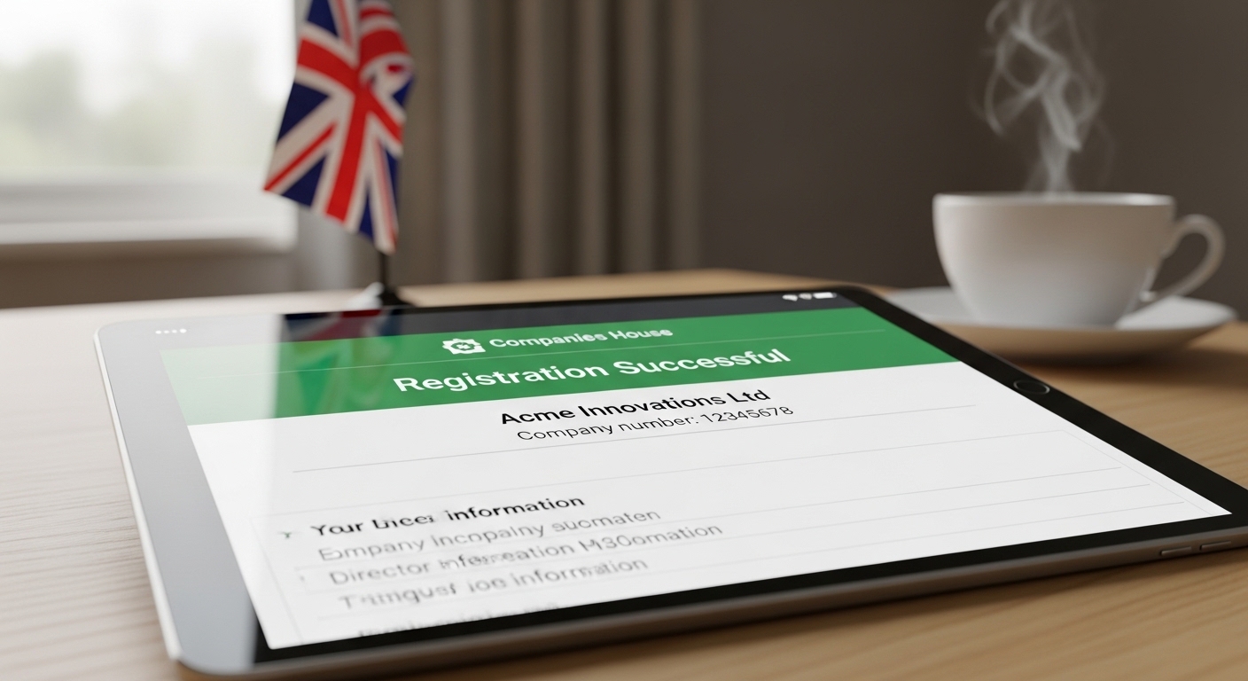 A high-quality close-up of a digital tablet showing a successful UK Companies House registration confirmation page, with a British flag and a cup of tea in the background.