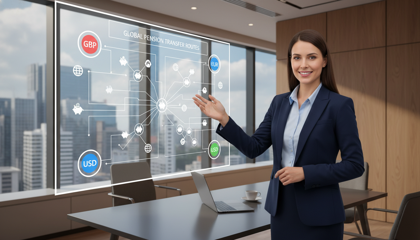 A professional financial advisor in a modern office pointing at a complex flowchart on a screen, showing various global pension transfer routes with icons of currencies like GBP, EUR, and USD.