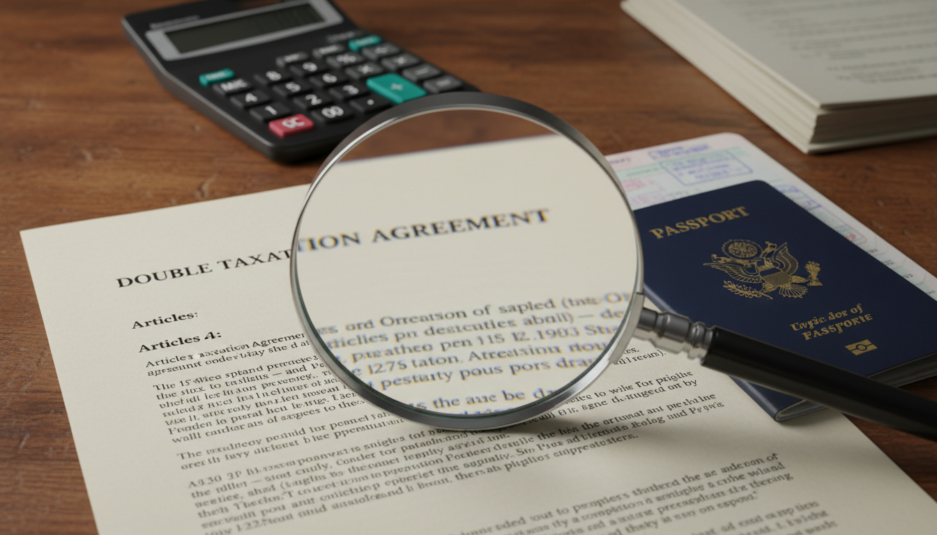 A close-up of a magnifying glass over a legal document titled 'Double Taxation Agreement', with a passport and a calculator sitting on a wooden desk in the background.