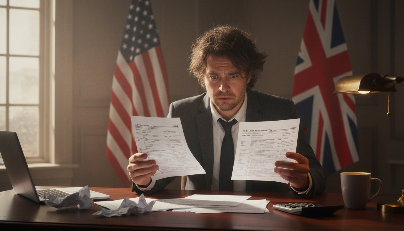 A professional person sitting at a mahogany desk, looking stressed while comparing two different tax forms with the US and UK flags in the background, cinematic lighting.
