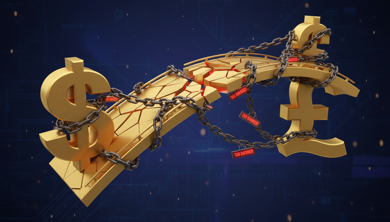 A conceptual 3D render of a golden bridge connecting a US dollar sign and a British pound sign, but with cracks and chains representing tax barriers.