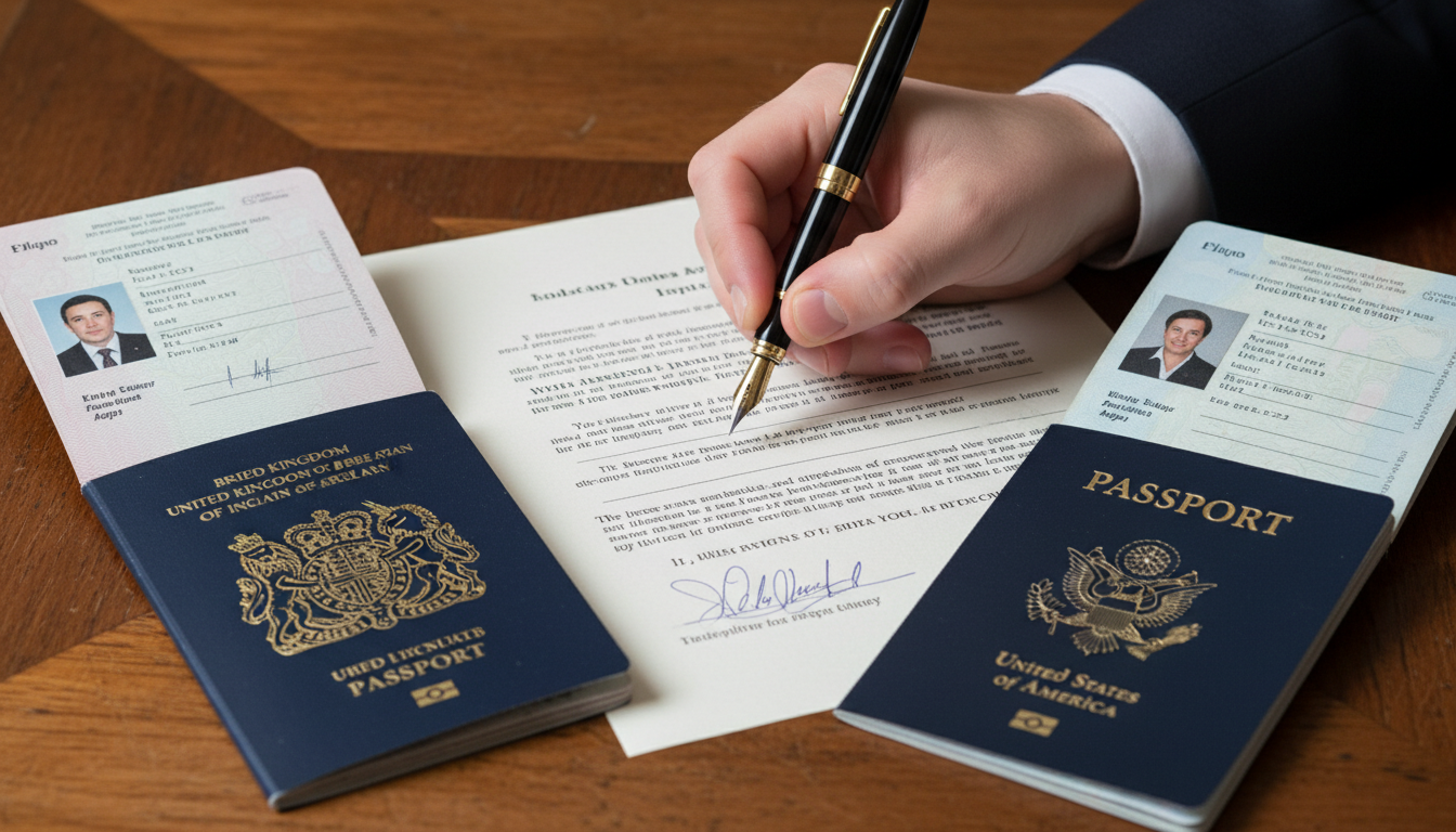 A close-up of a fountain pen signing a legal document with a British passport and a US passport lying side-by-side on a wooden table.
