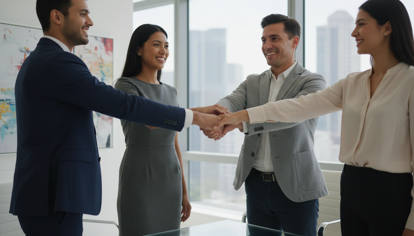 A professional close-up of a diverse group of business people shaking hands and smiling in a bright, modern corporate office setting, symbolizing a successful partnership.