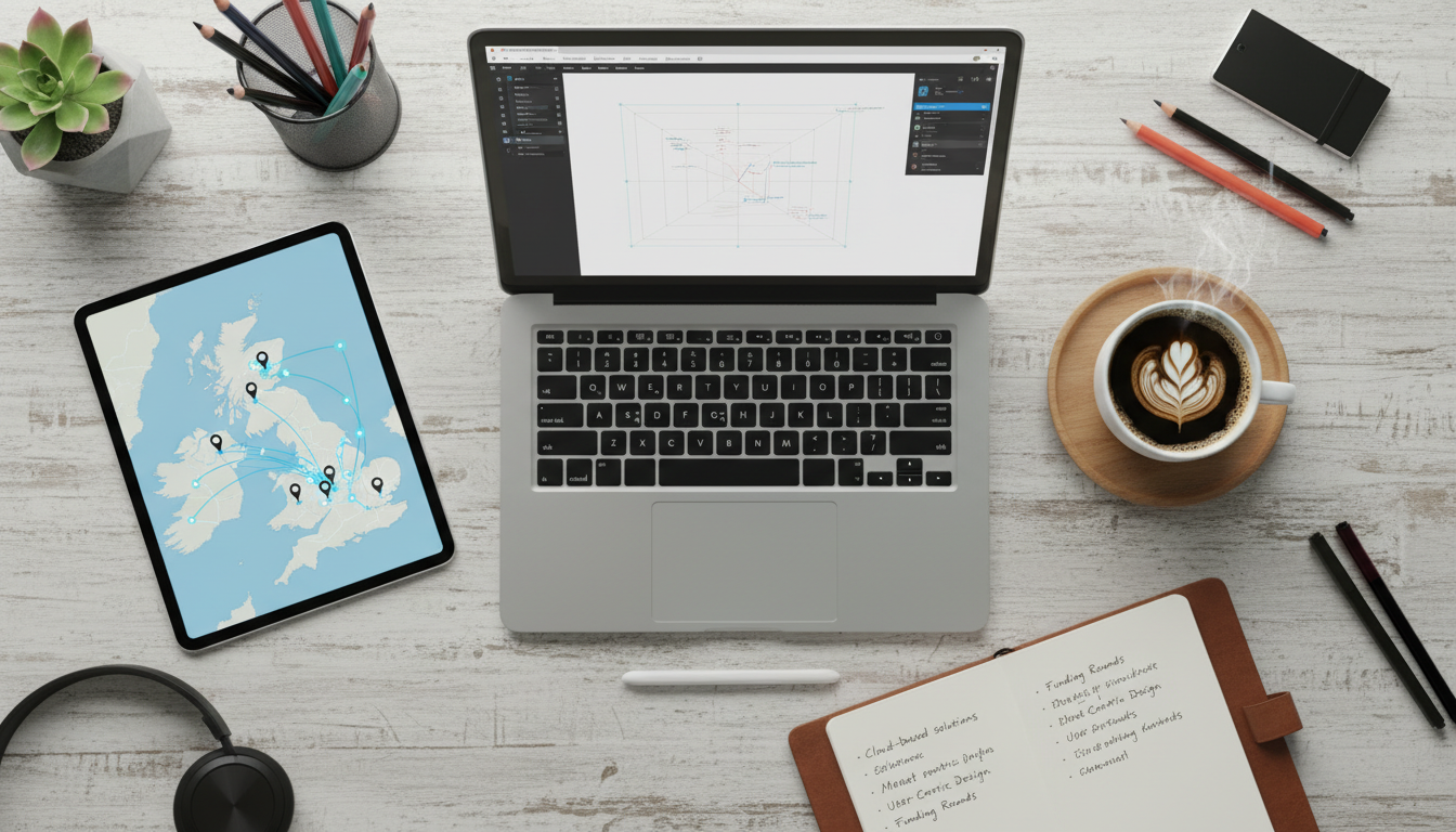 A top-down view of a designer's desk with a laptop, a tablet showing a map of tech hubs in the UK, a cup of coffee, and a notebook with handwritten business strategies.