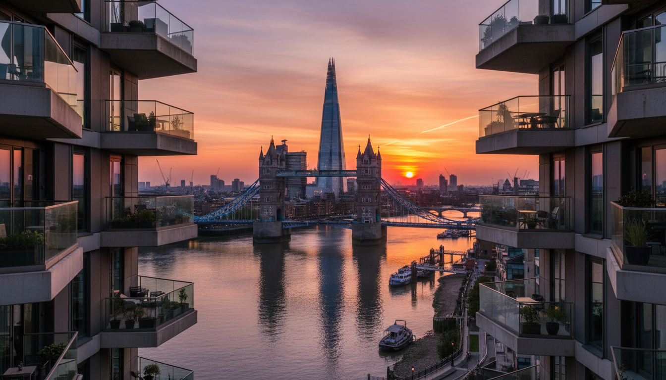 A cinematic wide-angle shot of the London skyline at sunset, with the Shard and Tower Bridge reflecting on the Thames, framed by modern residential balconies.