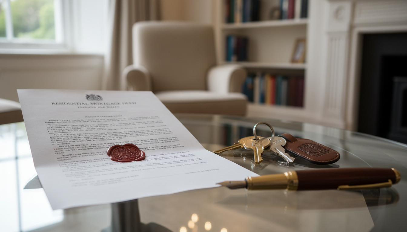 A professional close-up of a British mortgage agreement document next to a set of elegant house keys and a luxury fountain pen on a glass table.